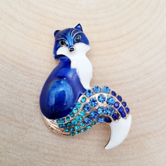 Brand New 2 In 1 Gold Tone Blue Fox Rhinestone Brooch Pin & Pendant - Picture 3 of 9